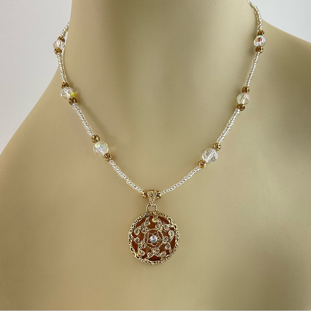 Host Pick! Antique Gold Filigree Pendant Necklace With Aurora Borealis Crystals - Picture 8 of 13